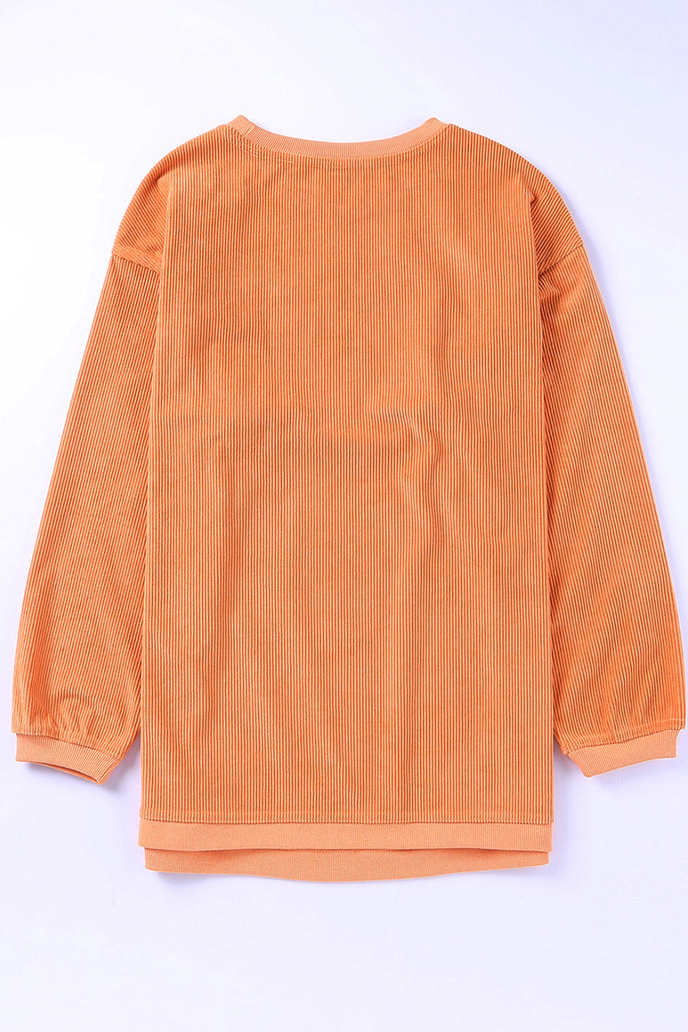 Back view of an orange ribbed long-sleeve sweatshirt with dropped shoulders.
