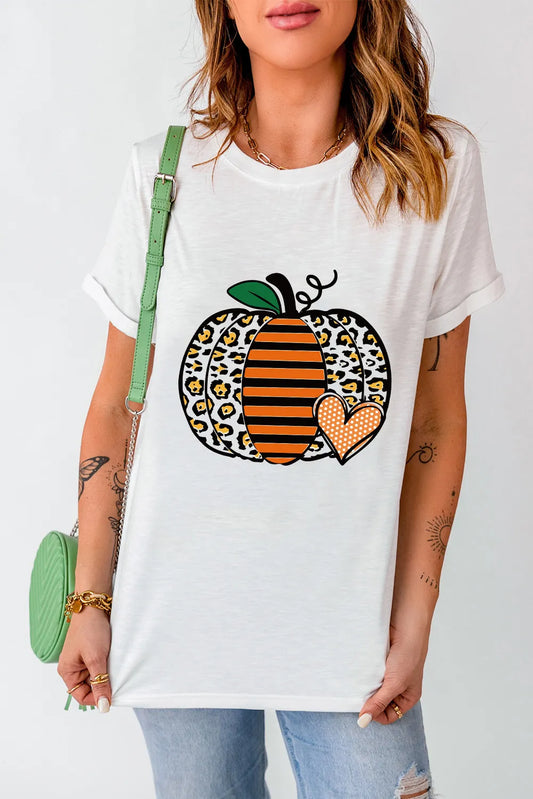 White short-sleeve t-shirt with a leopard print and striped pumpkin graphic.