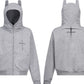 Men's gray zip-up hoodie with devil horns on the hood and a graphic print.
