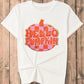 White short-sleeve t-shirt with a "Hello Pumpkin" graphic on a checkered pumpkin.