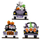 Three Halloween-themed car-shaped wooden ornaments featuring gnomes, pumpkins, and ghosts.