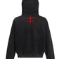 Black men's devil horn zip-up hoodie with a red cross graphic and text on the back.