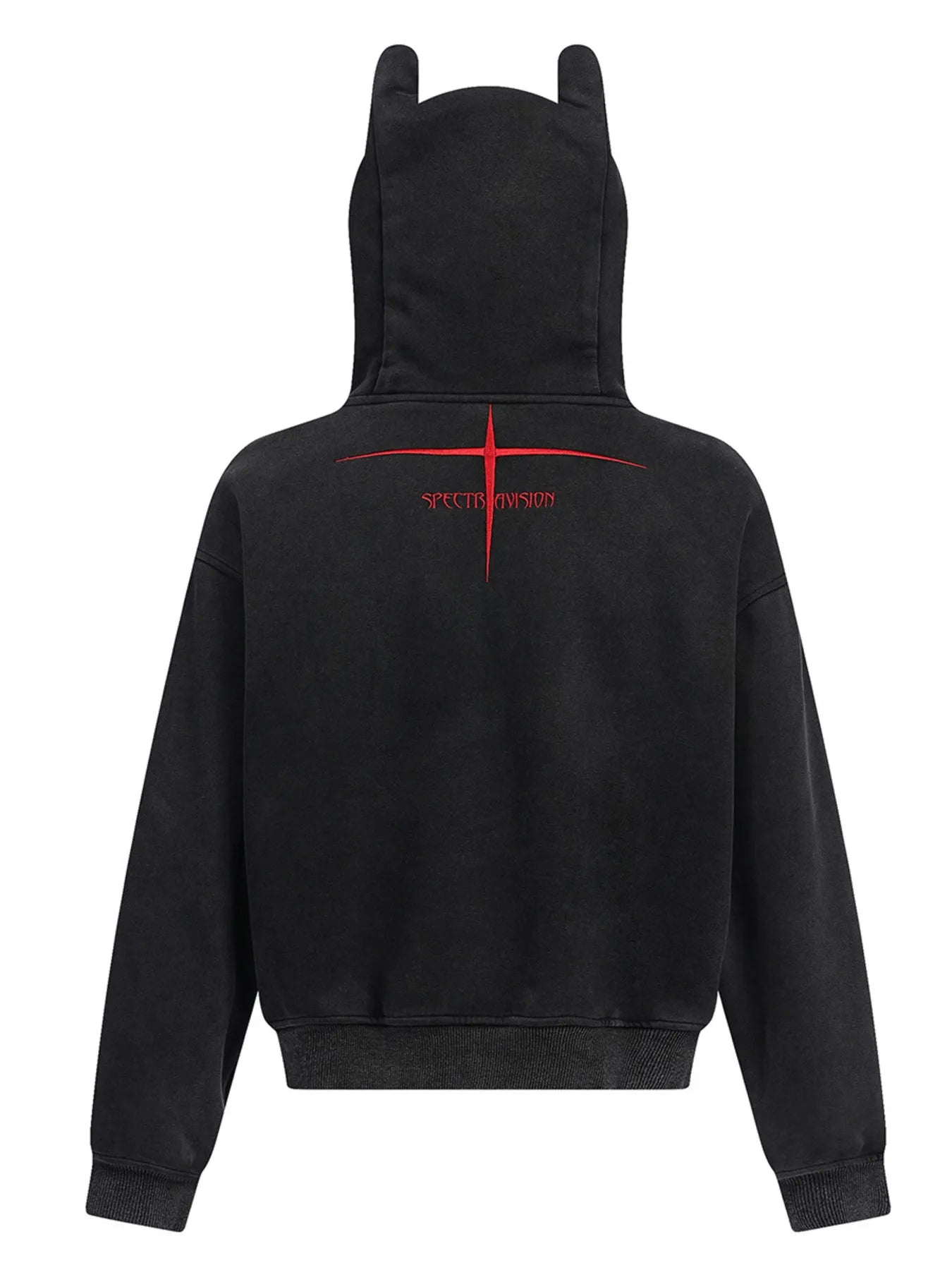 Black men's devil horn zip-up hoodie with a red cross graphic and text on the back.