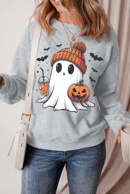 Ghost Round Neck Long Sleeve Sweatshirt with a ghost wearing a beanie and holding a pumpkin.