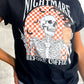 Black tee with a skeleton holding coffee and making a peace sign.