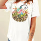 White short-sleeve t-shirt with a leopard print pumpkin and floral graphic.
