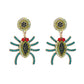 Two gold-toned spider earrings with green, black, red, and teal rhinestones.