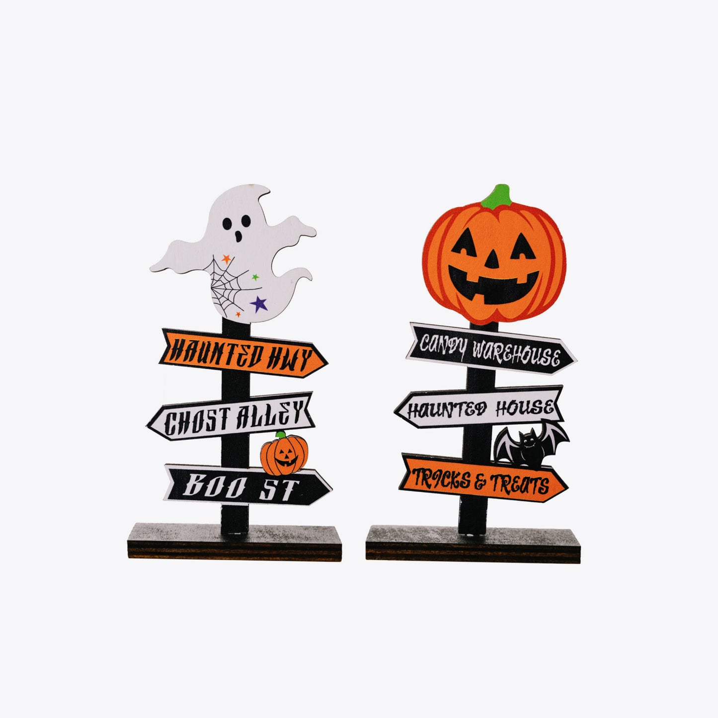 Two Halloween-themed wooden signpost decorations, one with a ghost and the other with a pumpkin.