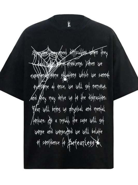 Men's black oversized t-shirt with white spider web and letter print.
