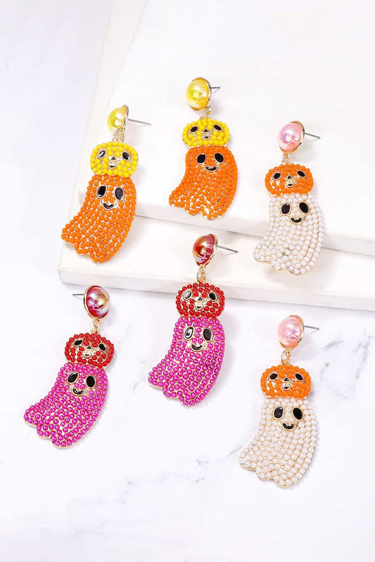 Six pairs of Halloween ghost-shaped dangle earrings in various colors.