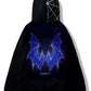 Black hoodie with blue rhinestone bat wings on the back and a spiderweb on the hood.