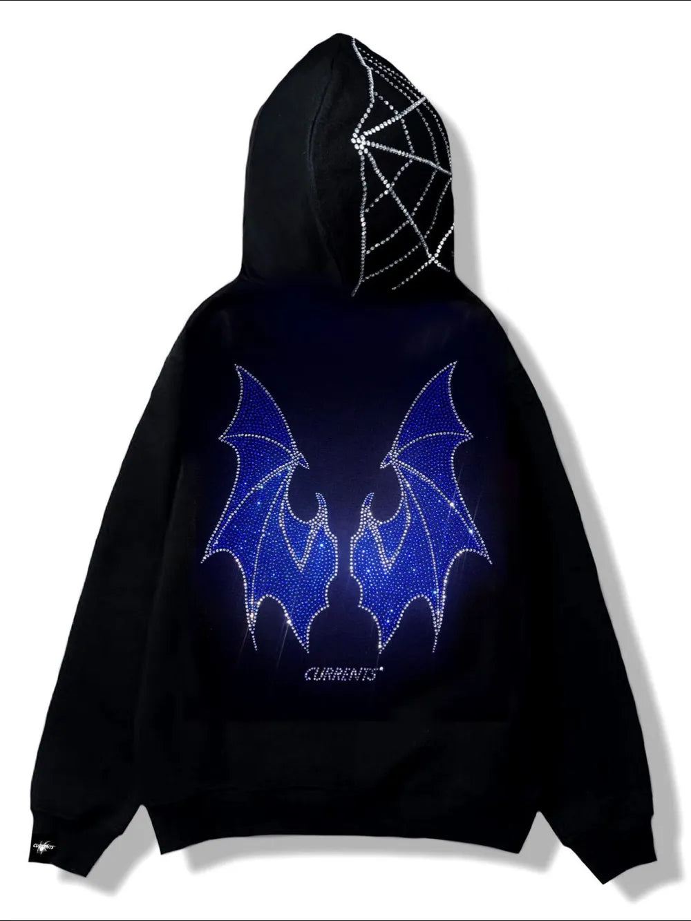 Black hoodie with blue rhinestone bat wings on the back and a spiderweb on the hood.