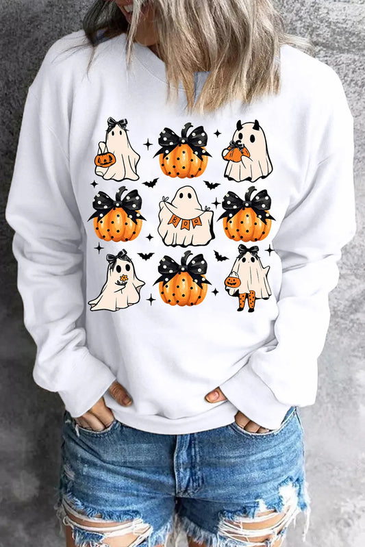 White long-sleeve sweatshirt with a Halloween ghost and pumpkin graphic print.