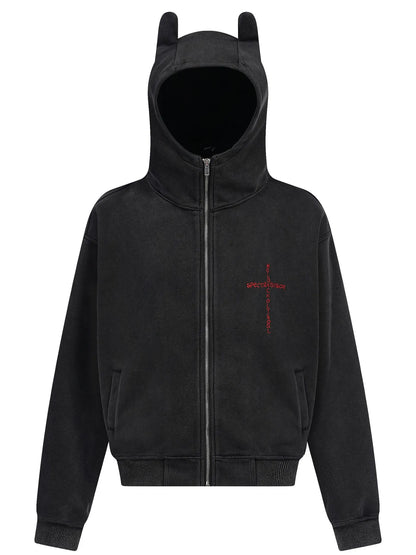 Black men's zip-up hoodie with devil horns and red cross graphic.