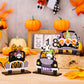 Three Halloween car-shaped ornaments featuring gnomes, pumpkins, and ghosts.