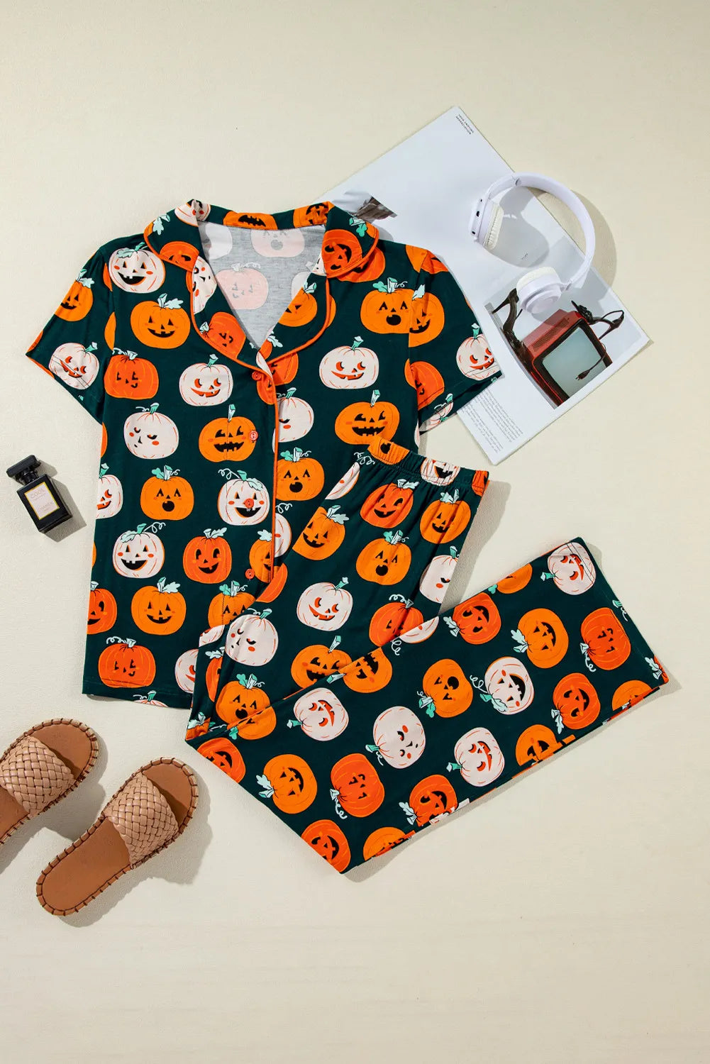 Pumpkin printed short sleeve top and pants lounge set.