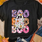 Black short-sleeve t-shirt with a colorful "BOO" ghost graphic.