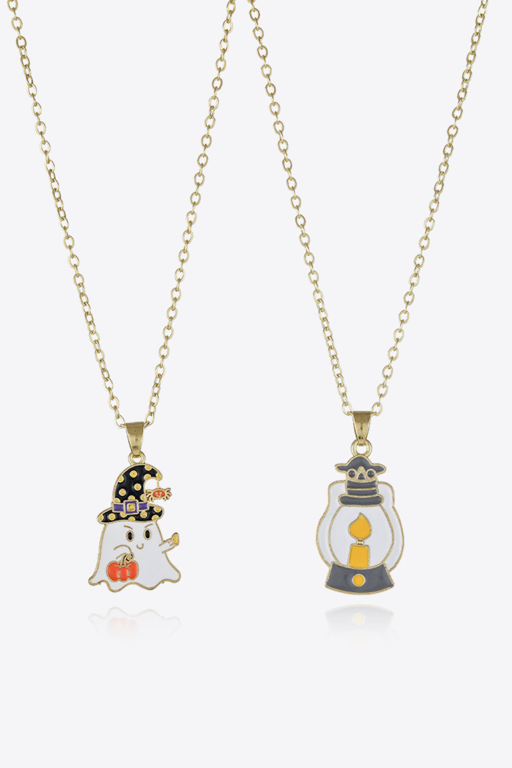 Two-piece Halloween theme necklace set with a ghost and a lantern pendant.
