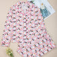 Halloween ghost print button-up top and pants lounge set.