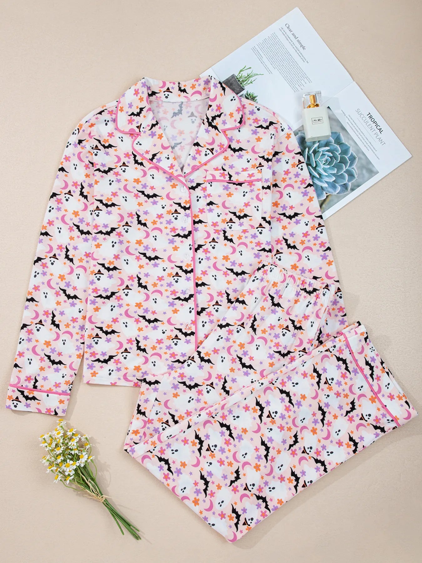 Halloween ghost print button-up top and pants lounge set.