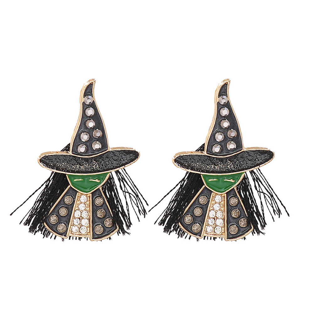 Two black and green witch earrings with rhinestone accents and black fringe.