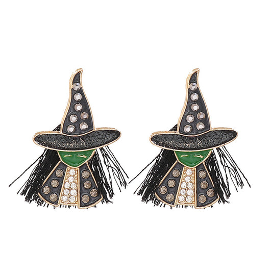 Two black and green witch earrings with rhinestone accents and black fringe.