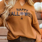 Happy Halloween graphic notched long sleeve loose top.