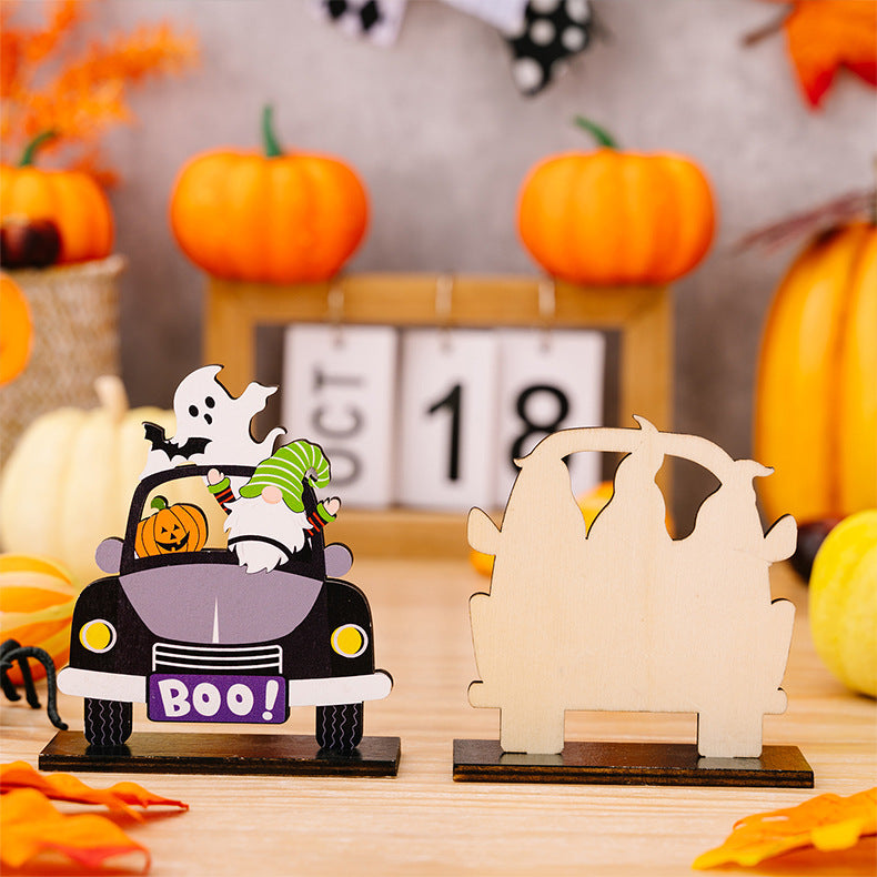 Three-piece Halloween car-shaped ornaments with a ghost, gnome, and pumpkin.