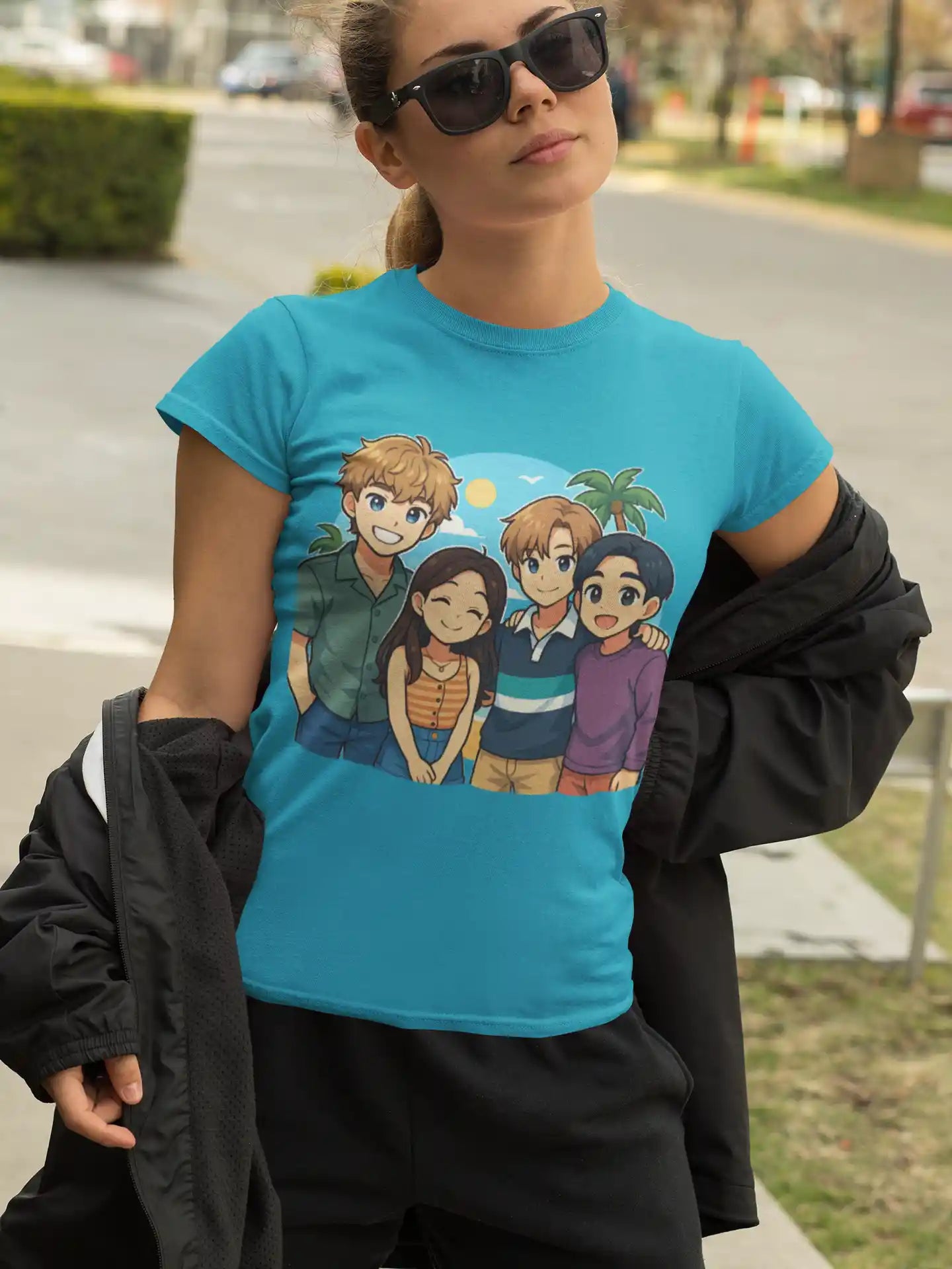 A woman wears a blue t-shirt featuring anime characters Belly, Conrad, Jeremiah, and Steven.