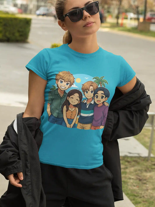 A woman wears a blue t-shirt featuring anime characters Belly, Conrad, Jeremiah, and Steven.