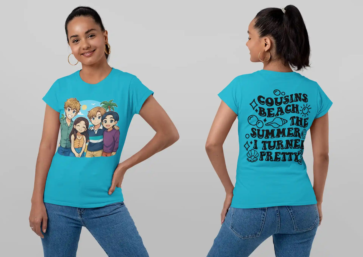 A woman models a turquoise t-shirt with anime characters on the front and text on the back.