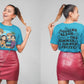 A woman models a blue t-shirt with an anime graphic on the front and text on the back.