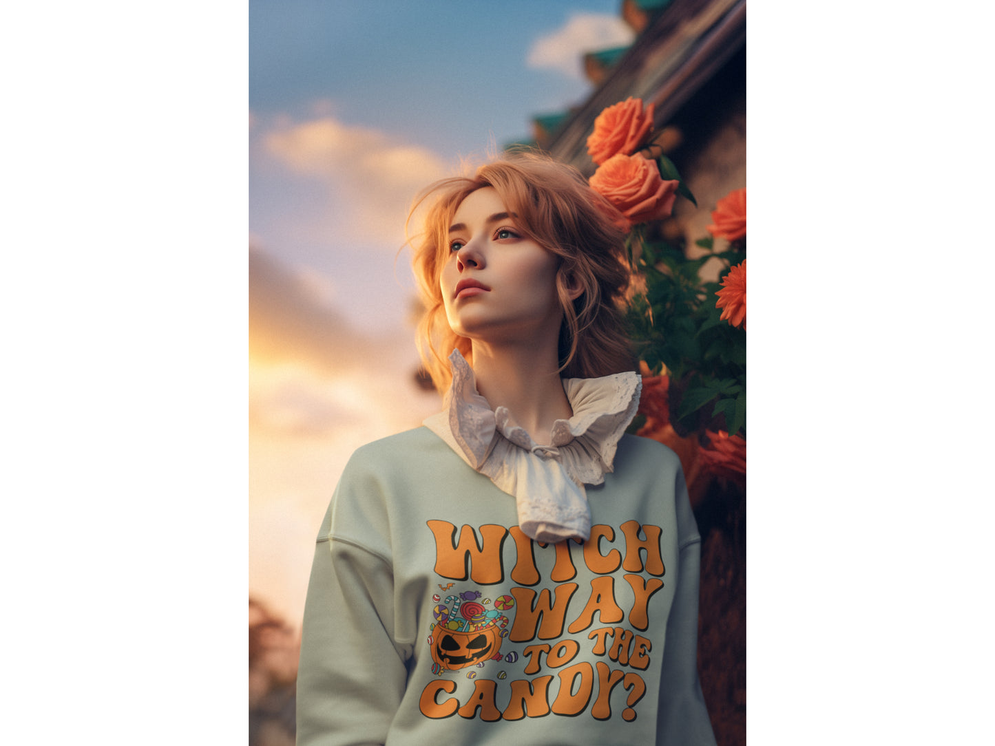 A woman wears a light blue "Witch Way to the Candy" Halloween sweatshirt.