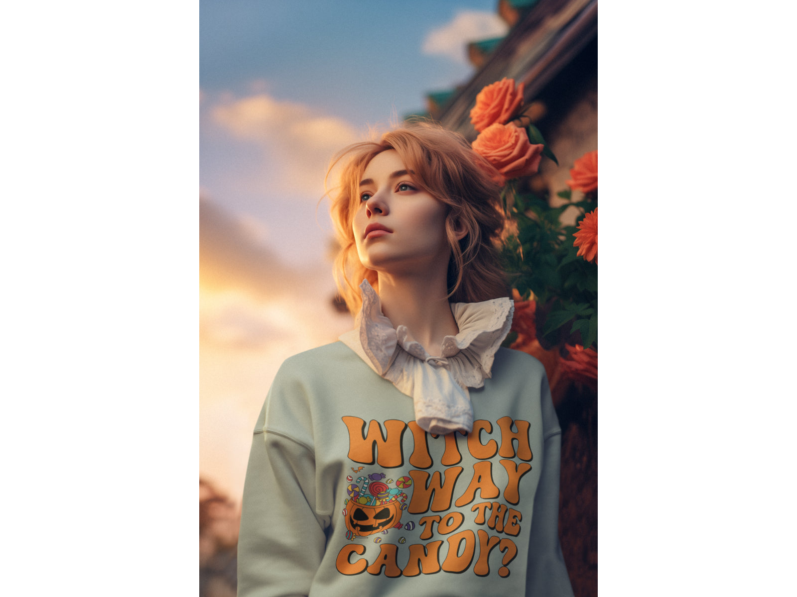 A woman wears a light blue "Witch Way to the Candy" Halloween sweatshirt.
