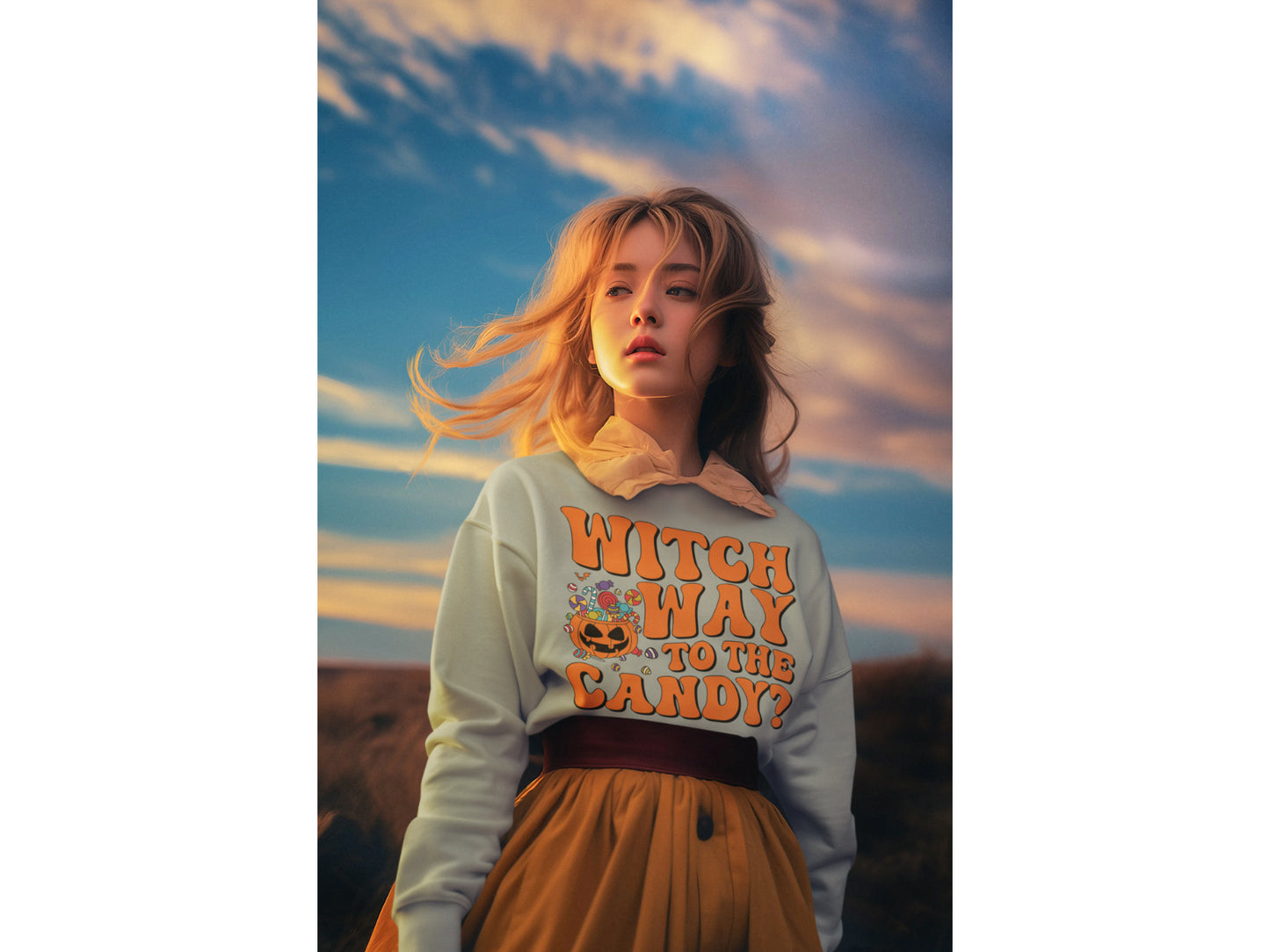 A woman wears a light gray "Witch Way to the Candy" Halloween sweatshirt.