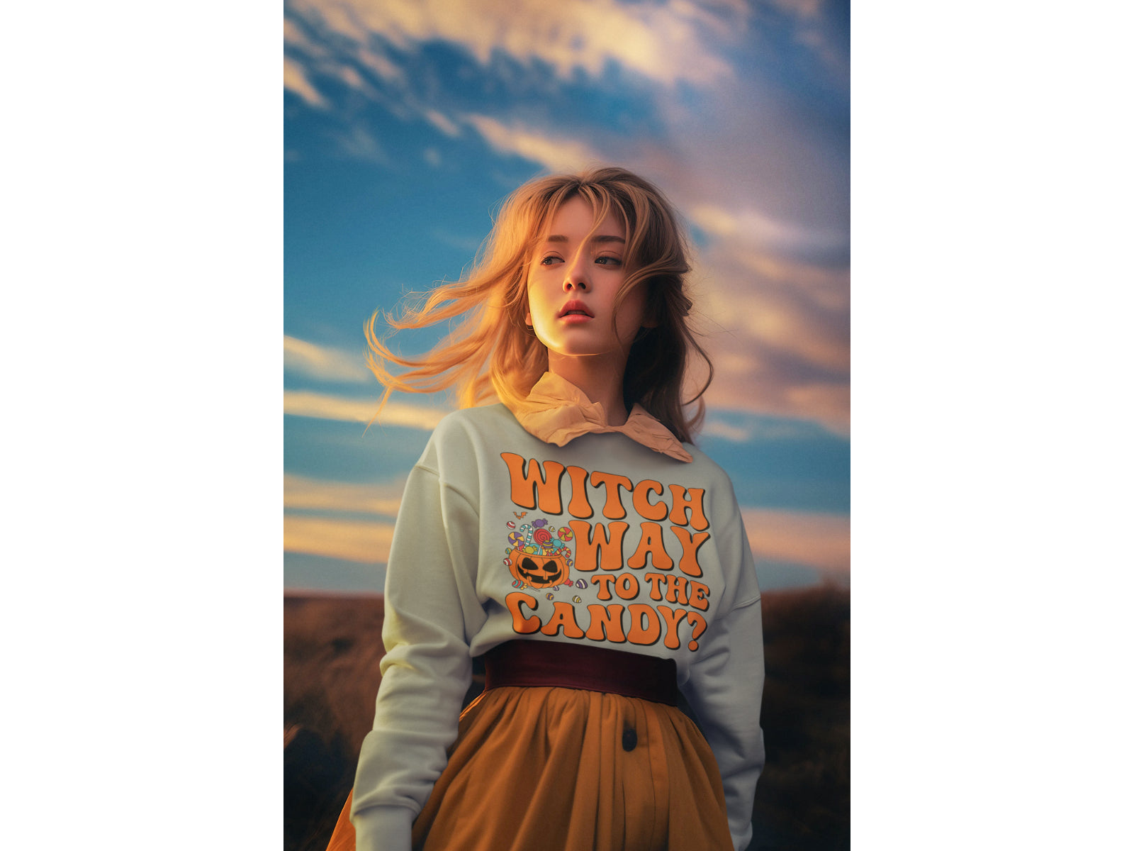 A woman wears a light gray "Witch Way to the Candy" Halloween sweatshirt.