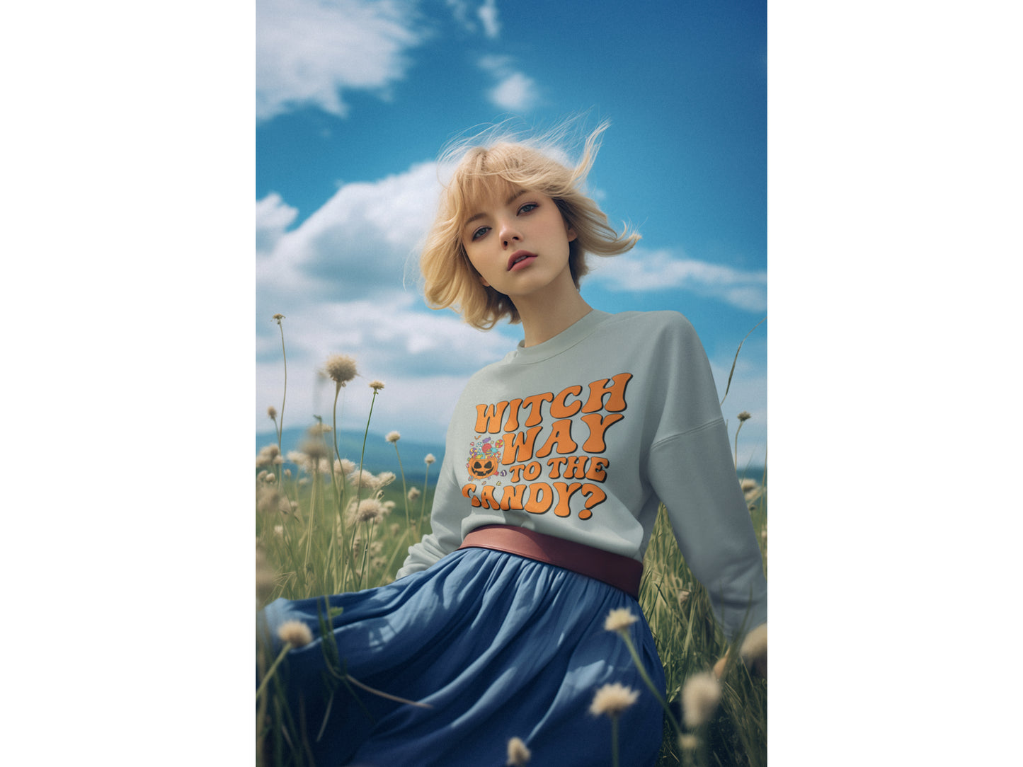 A blonde woman wears a light blue "Witch Way to the Candy" sweatshirt in a field.