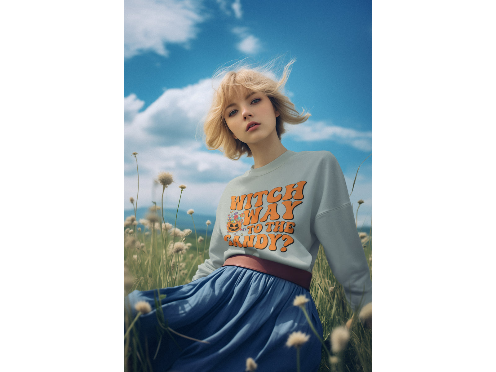 A blonde woman wears a light blue "Witch Way to the Candy" sweatshirt in a field.
