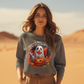 A woman in a desert wears a gray sweatshirt with a Canadian Halloween ghost and pumpkin design.