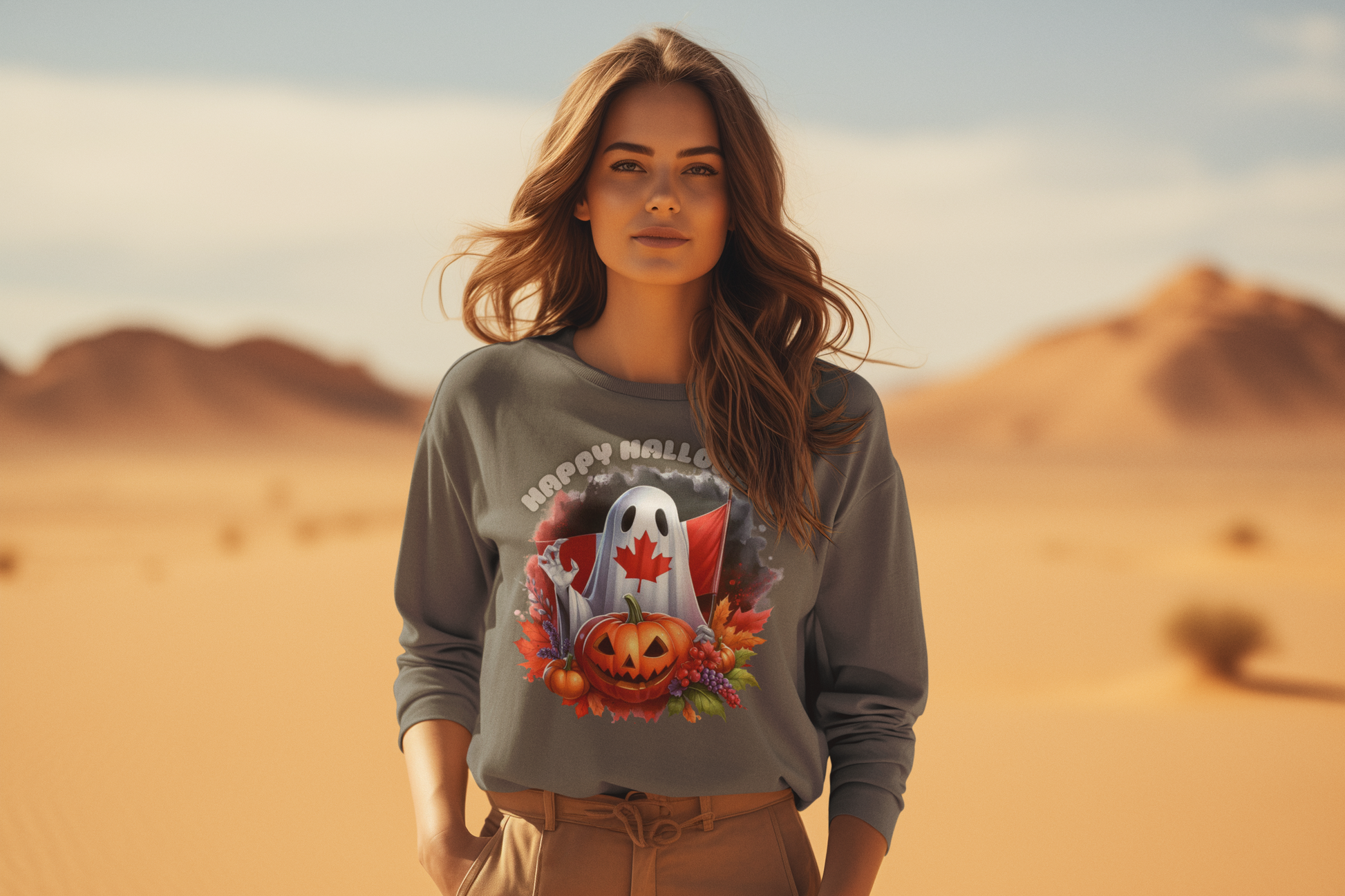 A woman in a desert wears a gray sweatshirt with a Canadian Halloween ghost and pumpkin design.