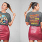 A woman models a gray t-shirt with an anime-style graphic of four characters.