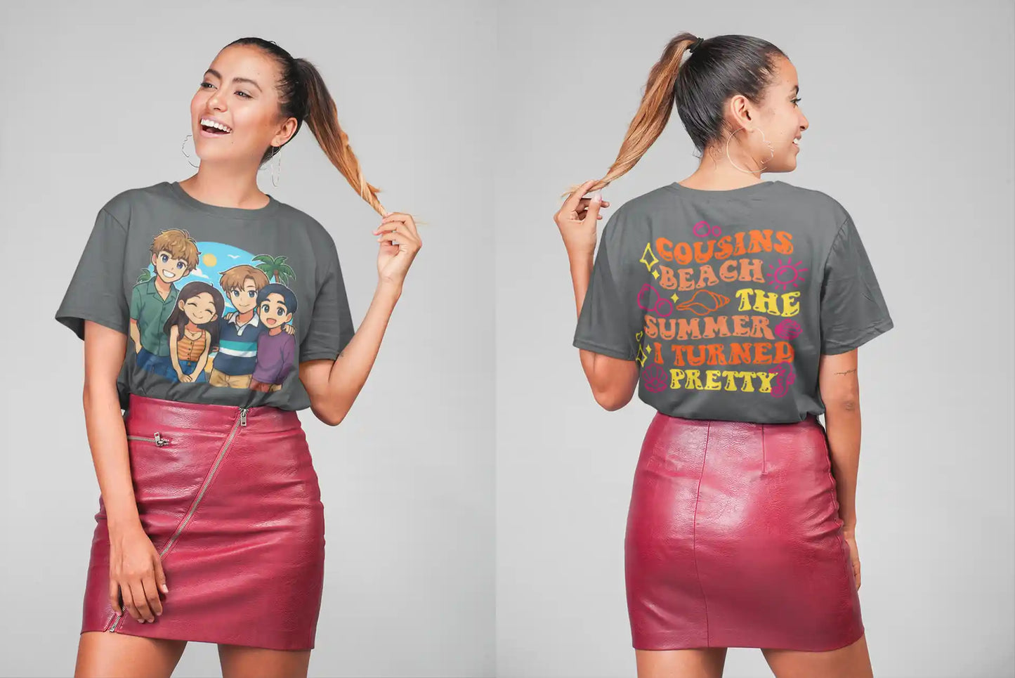 A woman models a gray t-shirt with an anime-style graphic of four characters.