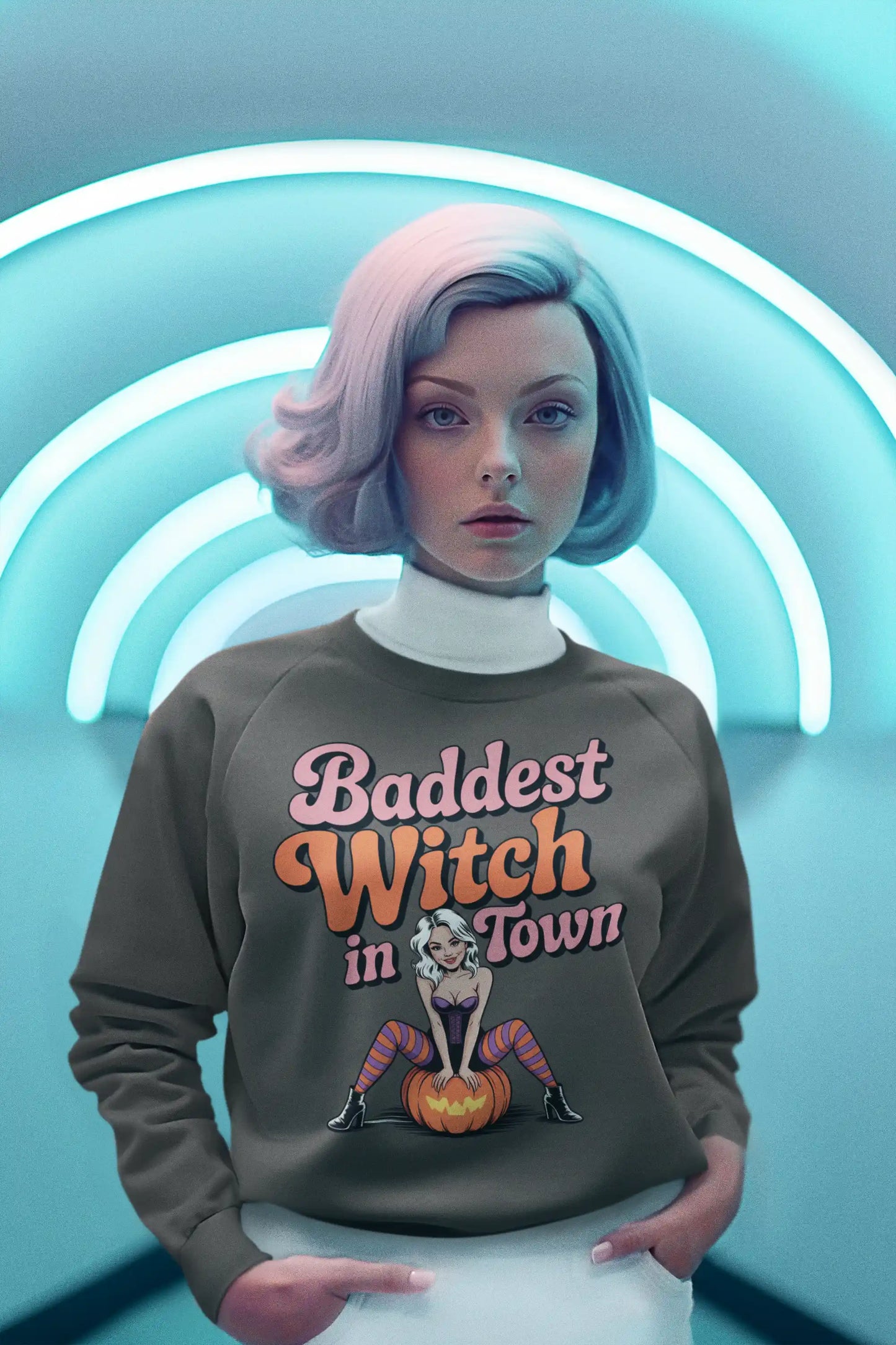 A woman wears a dark gray sweatshirt with "Baddest Witch in Town" and a witch graphic.