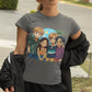 A woman wears a gray t-shirt featuring anime characters from The Summer I Turned Pretty.