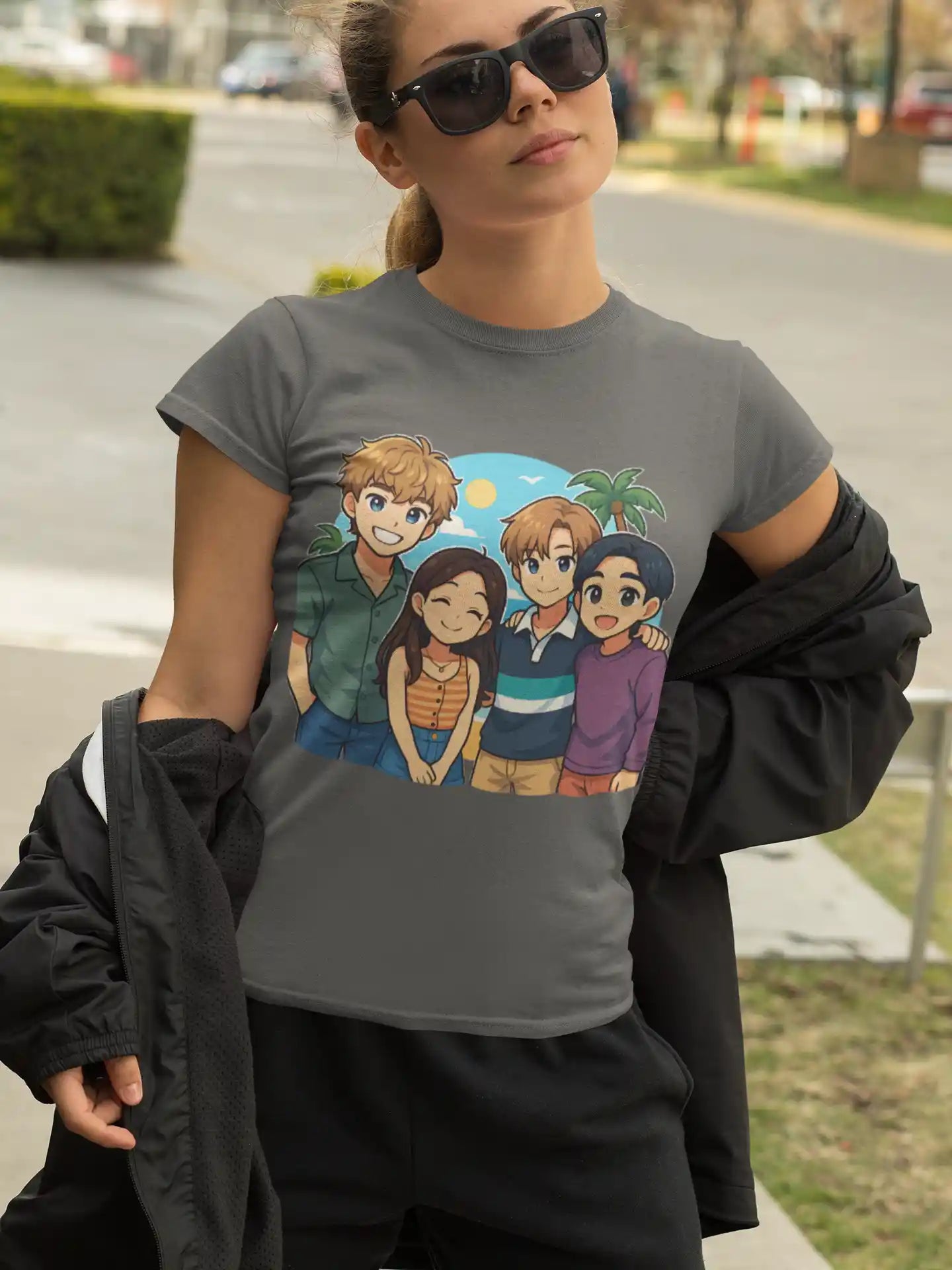 A woman wears a gray t-shirt featuring anime characters from The Summer I Turned Pretty.