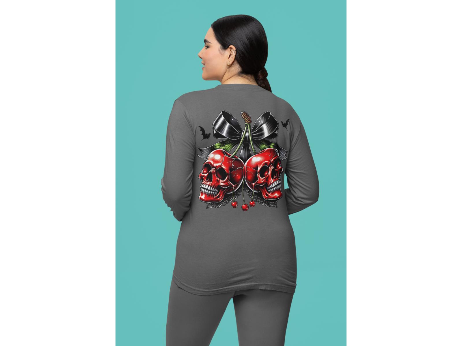 A woman from behind wears a gray long-sleeve shirt with a spooky cherry and bow design.