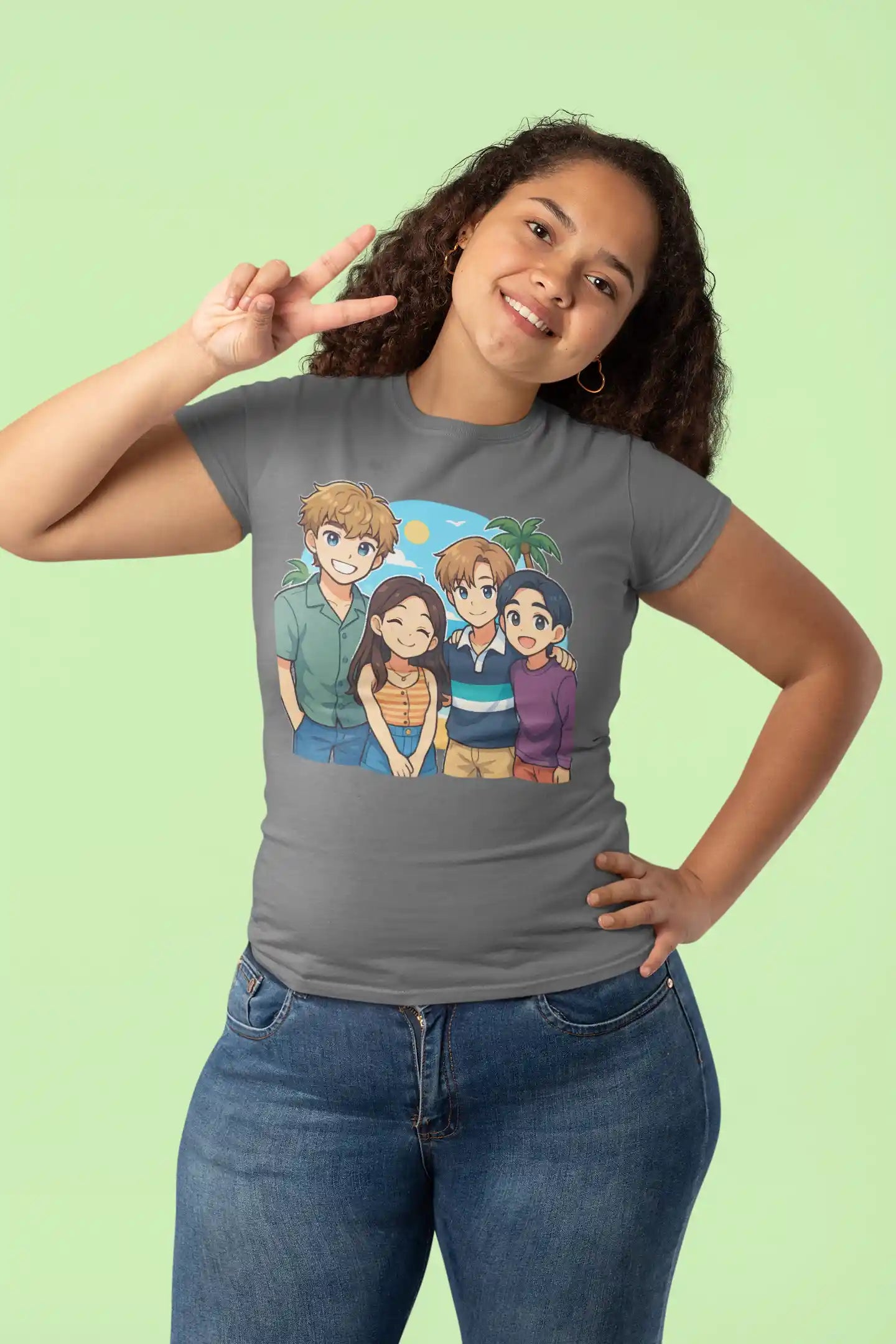 A woman in a gray t-shirt with an anime-style print of four characters poses with a peace sign.