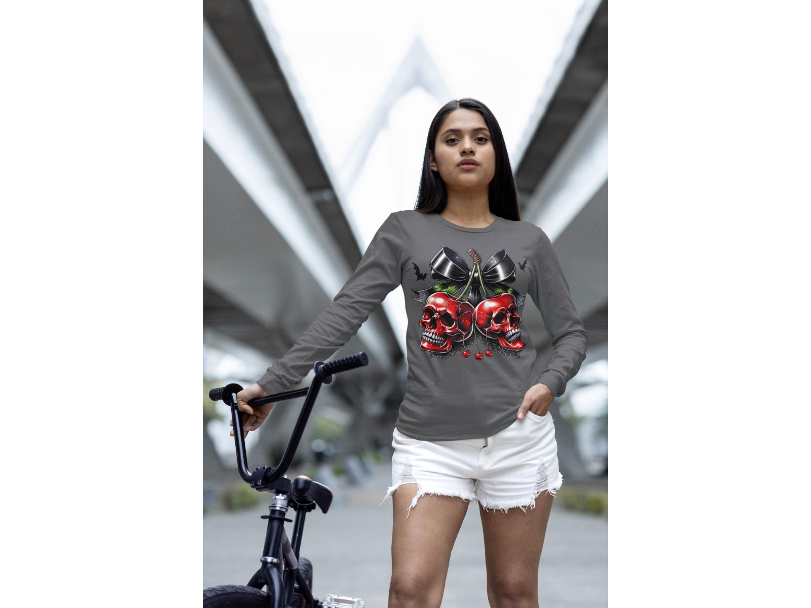 Spooky Cherry Halloween Bow Sweatshirt on a woman with a bicycle.