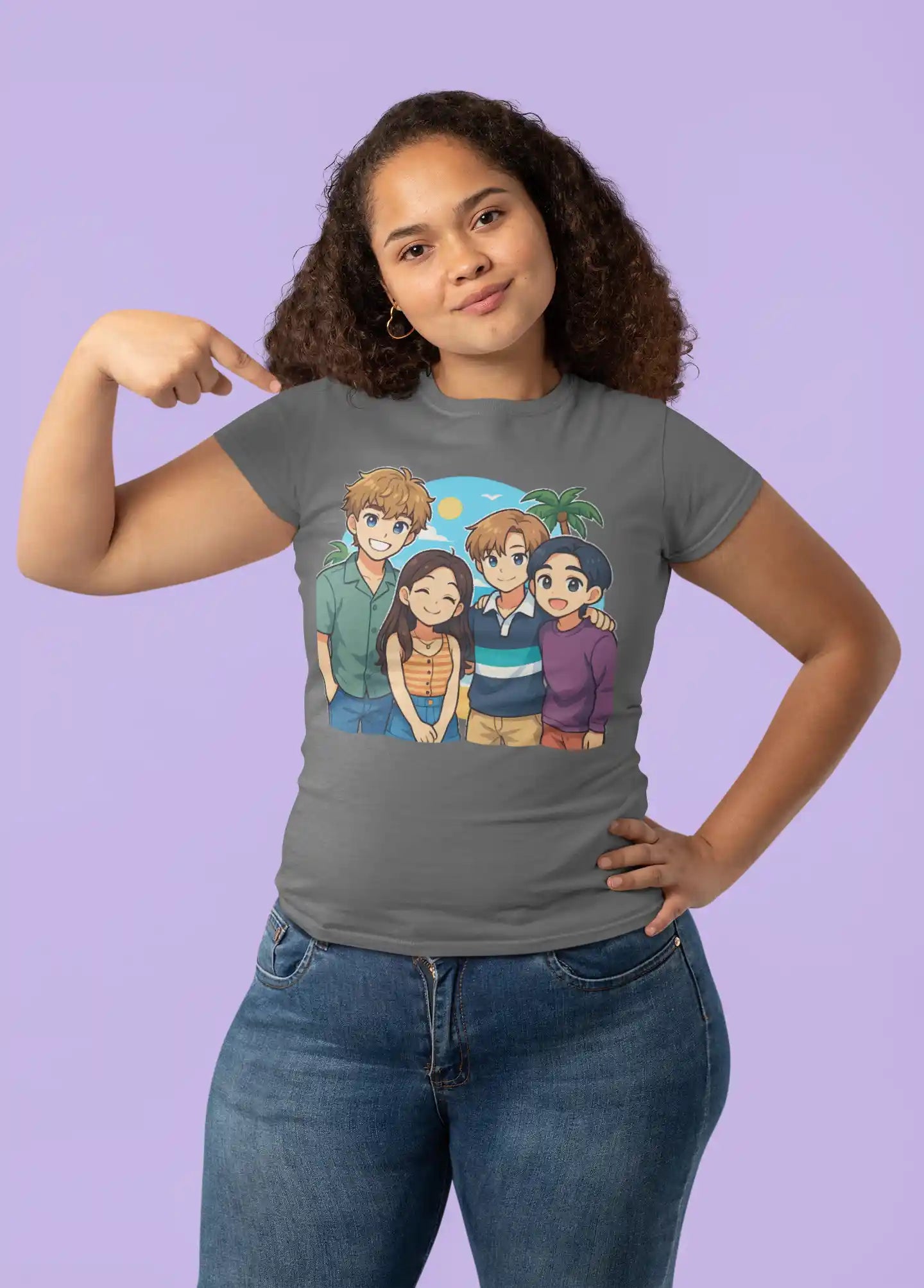A woman in a gray t-shirt with an anime-style image of four friends on a beach.