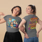Two women model gray t-shirts, one with an anime design, the other with text.